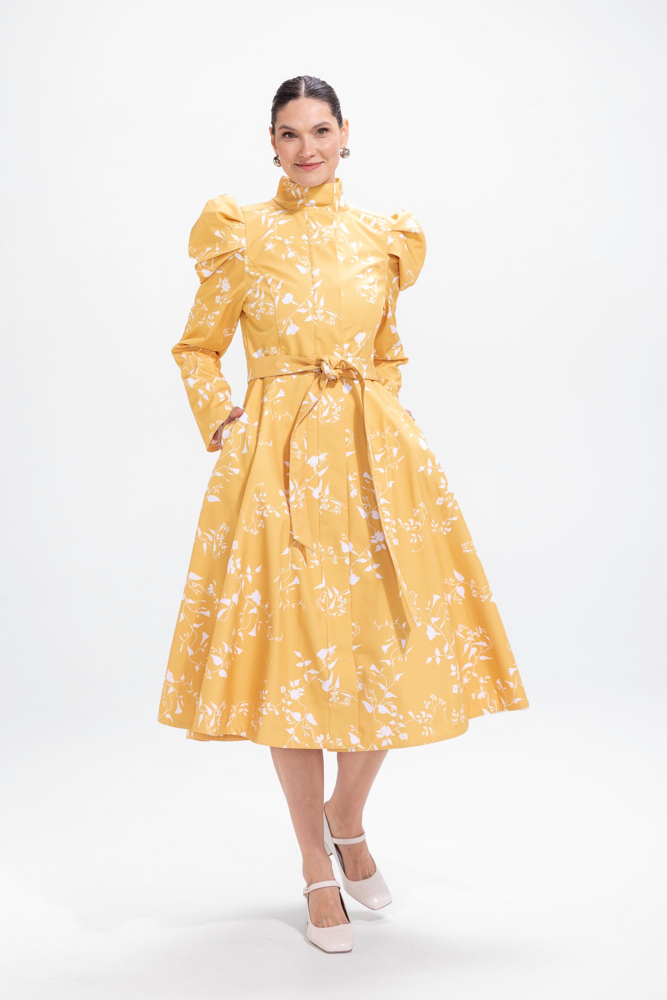 Fit and Flare Coat with Balloon-Styled Sleeves in Yellow with White Floral  Print | Majestic Yellow