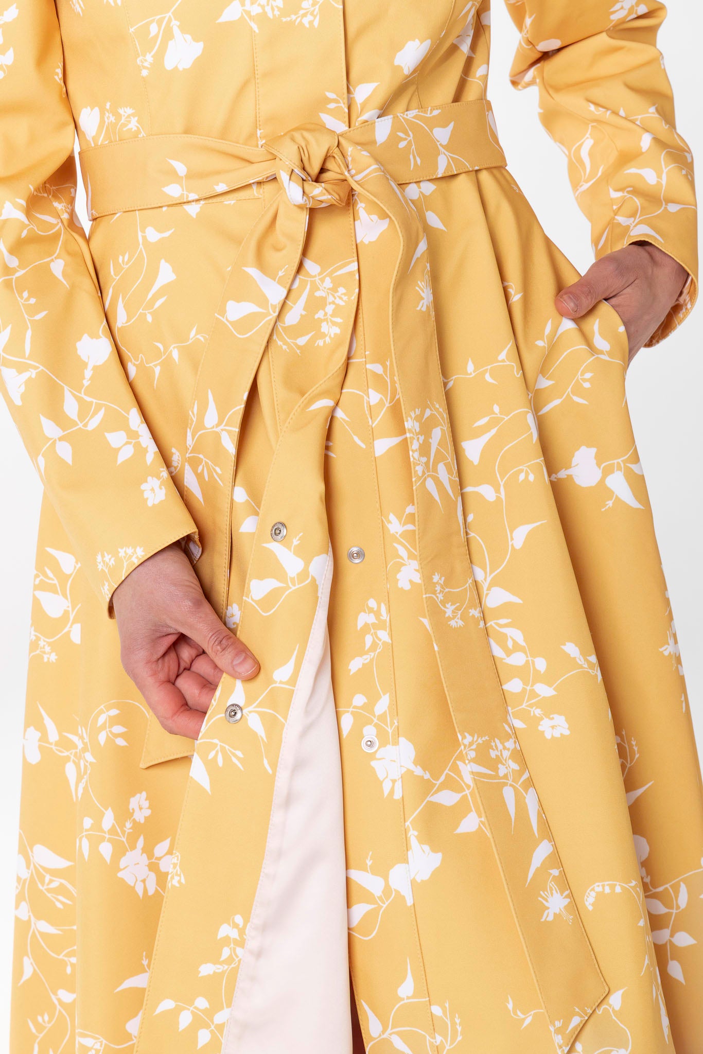 Light pink Italian satin lining inside Majestic Yellow women's designer coat