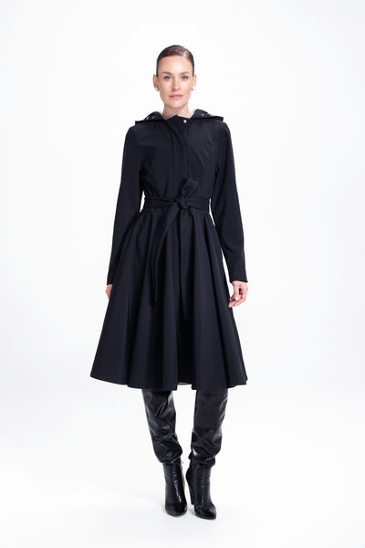 Midnight Black fit and flare women's coat with full circle skirt, front view