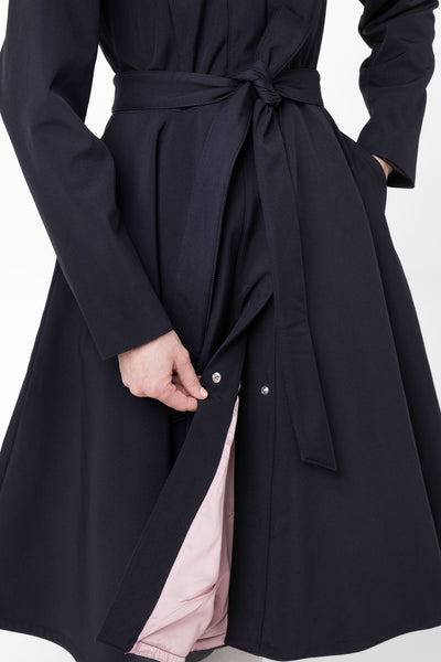Light Italian satin lining inside Midnight Black women's luxury fashion coat