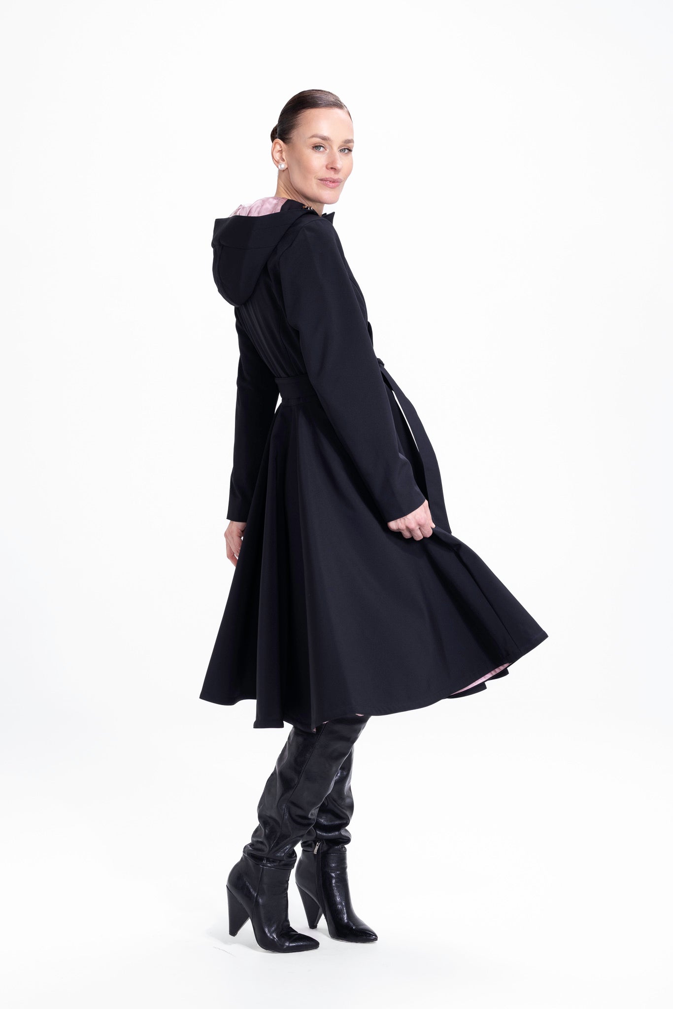 Fit and Flare Coat with Full Circle Skirts in Black and Ash Pink | Midnight Black