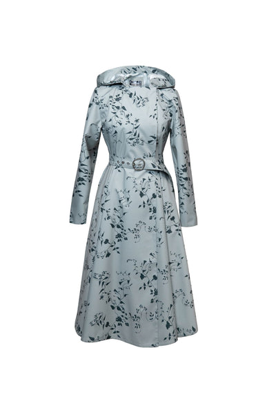 Minty Meadow mint green floral women's trench coat on light background 
