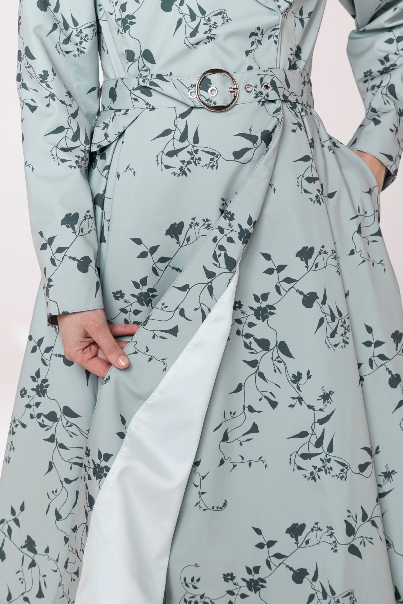 Light mint green Italian satin lining inside Minty Meadow women's lightweight trench coat