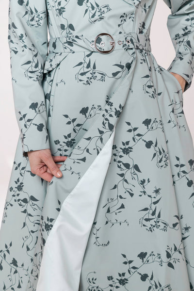 Light mint green Italian satin lining inside Minty Meadow women's lightweight trench coat