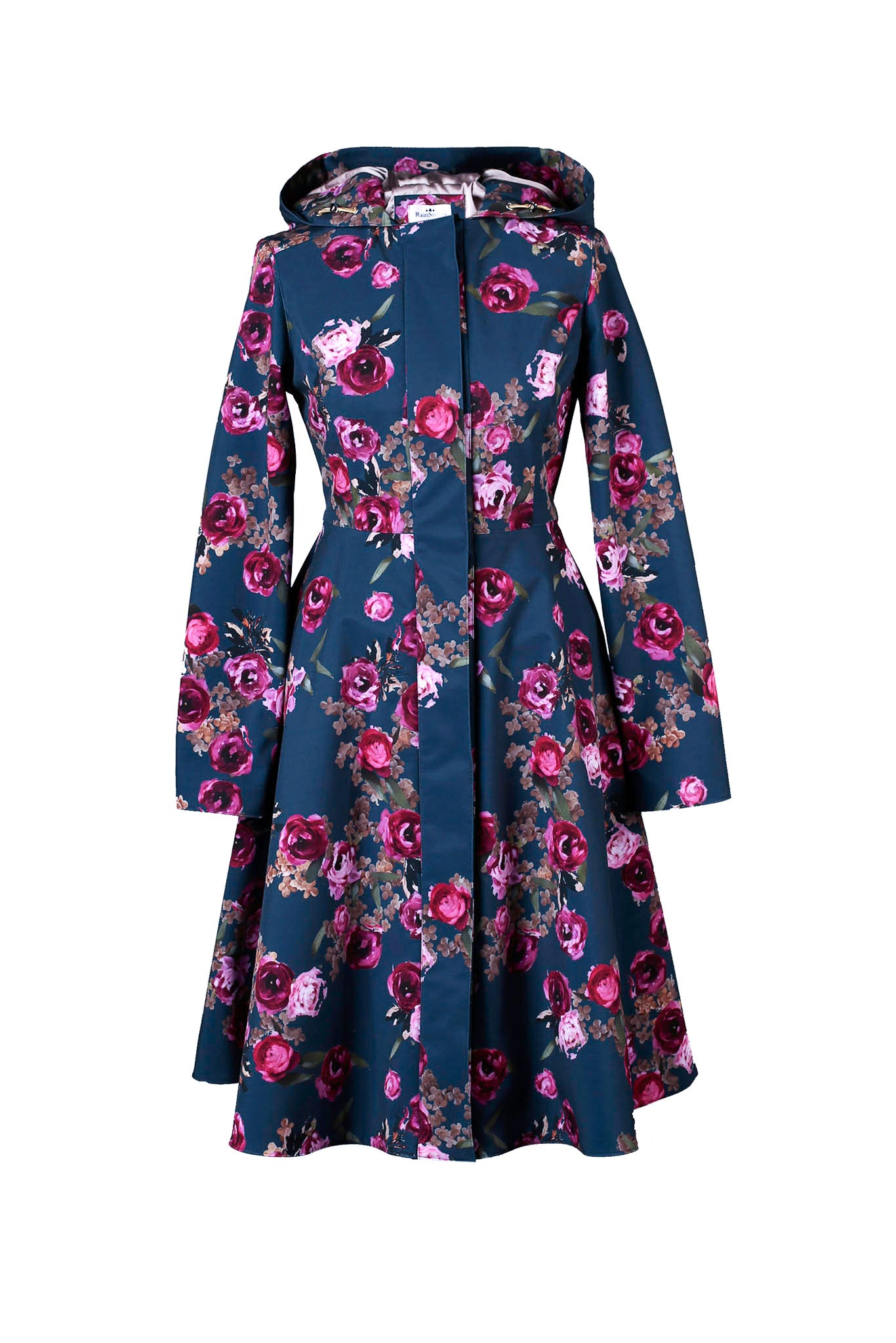 Blue coat with floral pattern on a white background