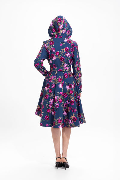 Fit and Flare Coat with Pleated Back in Blue and Pink | Misty Rose