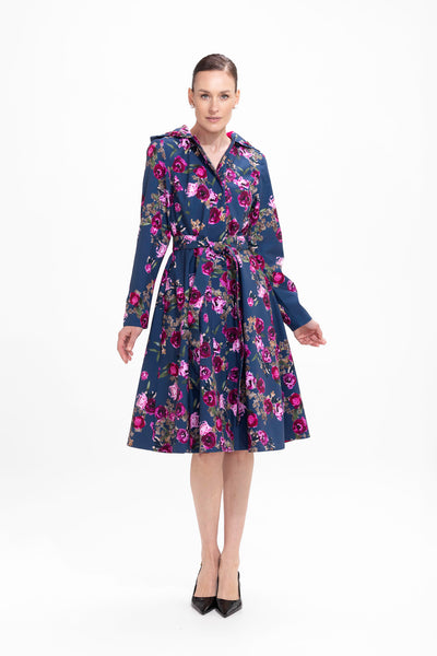 Fit and Flare Coat with Pleated Back in Blue and Pink | Misty Rose