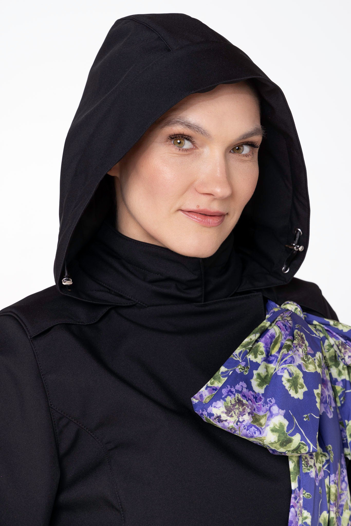 Close-up of detachable hood detail on Moonlit Bow black women's jacket