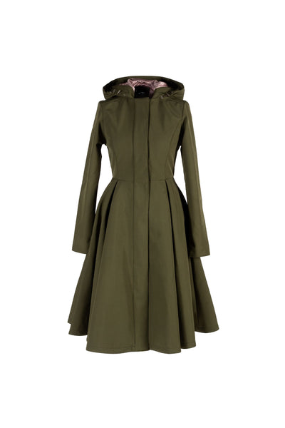 Fit and Flare Coat with Pleated Skirt in Khaki Green | Moss Green