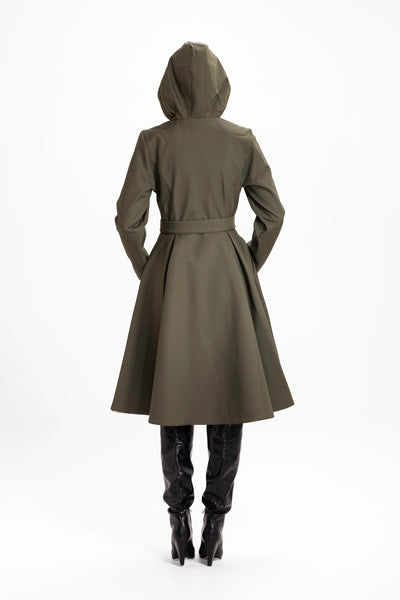 Fit and Flare Coat with Pleated Skirt in Khaki Green | Moss Green