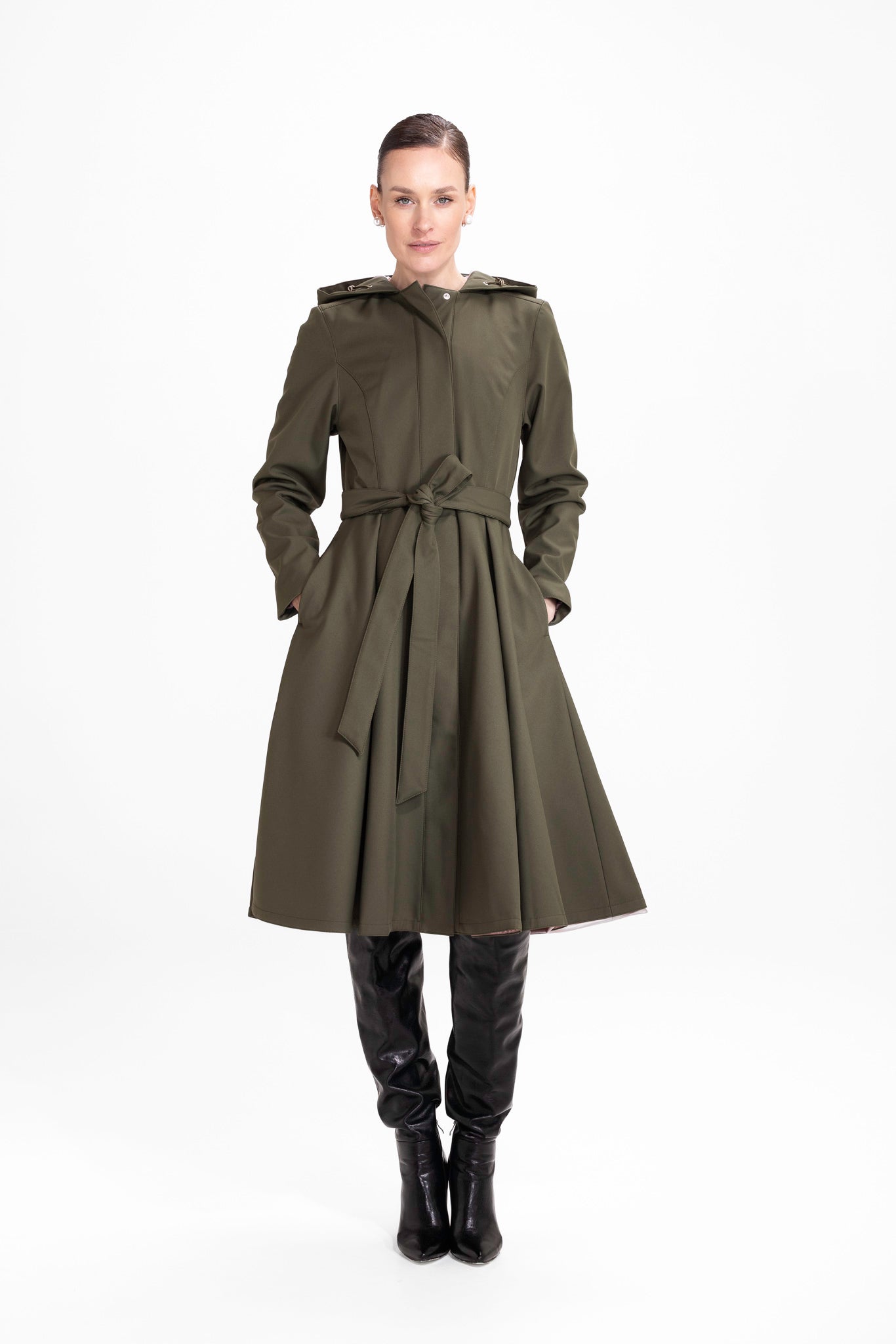 Fit and Flare Coat with Pleated Skirt in Khaki Green | Moss Green
