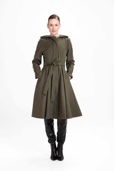 Fit and Flare Coat with Pleated Skirt in Khaki Green | Moss Green