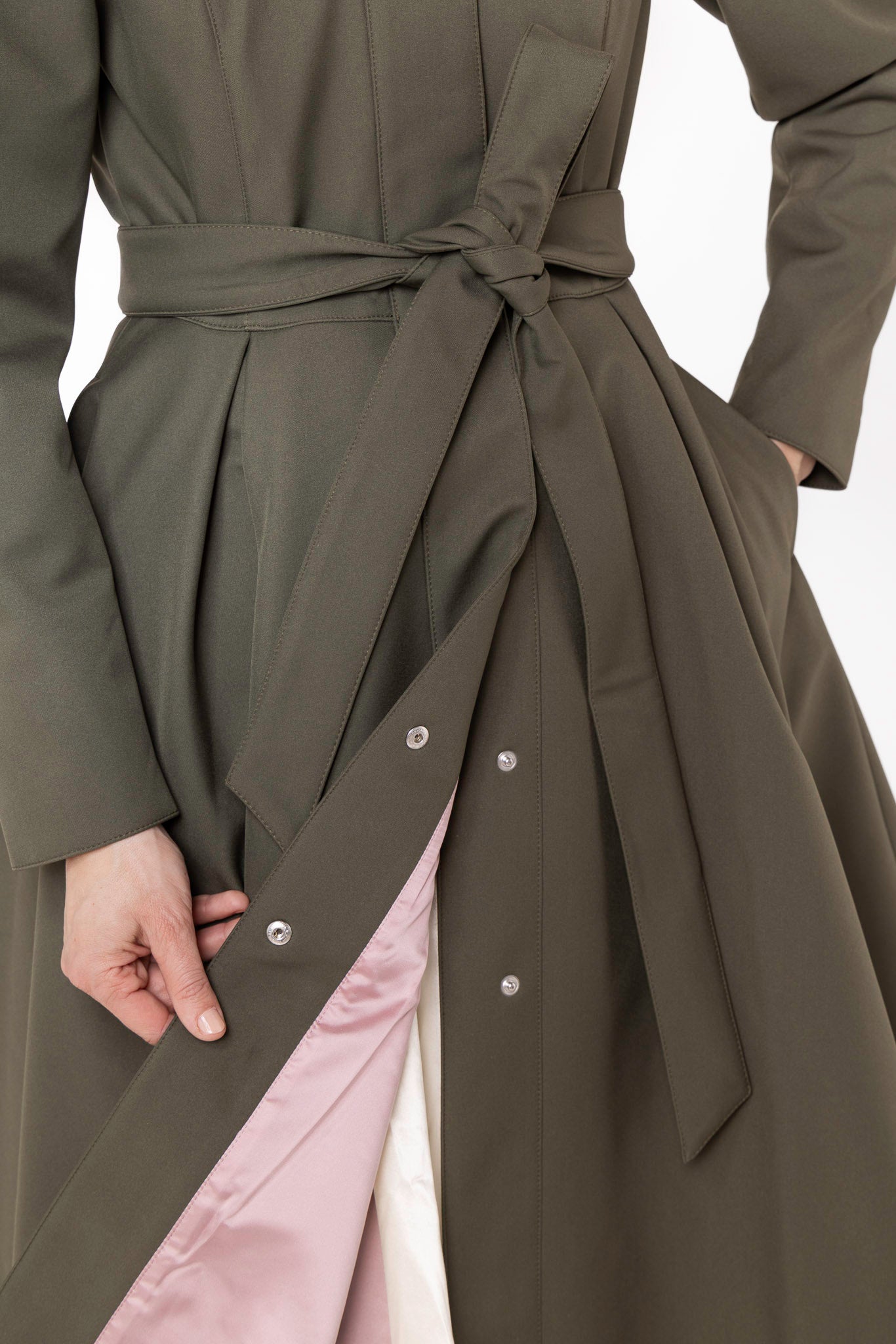 Fit and Flare Coat with Pleated Skirt in Khaki Green | Moss Green