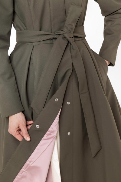 Fit and Flare Coat with Pleated Skirt in Khaki Green | Moss Green