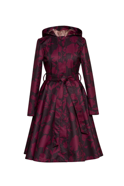 Women's burgundy floral fit and flare coat with a full circle skirt, matching tie belt, and removable hood on a white background.