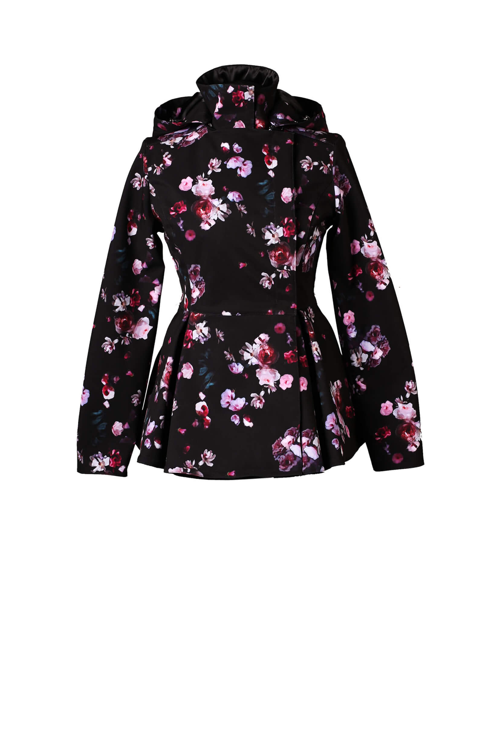 Pink Rain black floral women's peplum jacket on light background
