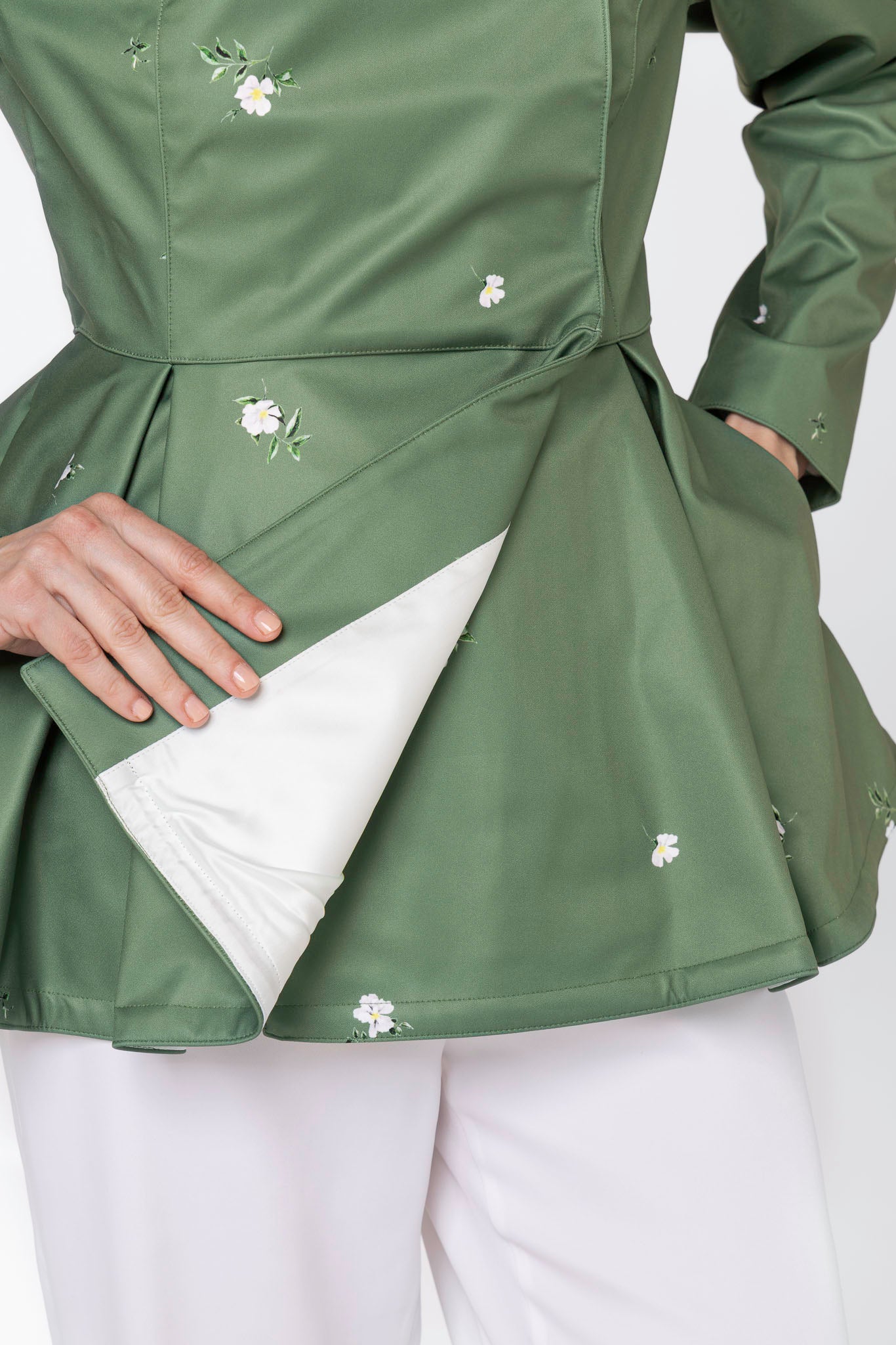 Light mint Italian satin lining inside Primrose Green women's designer waterproof coat