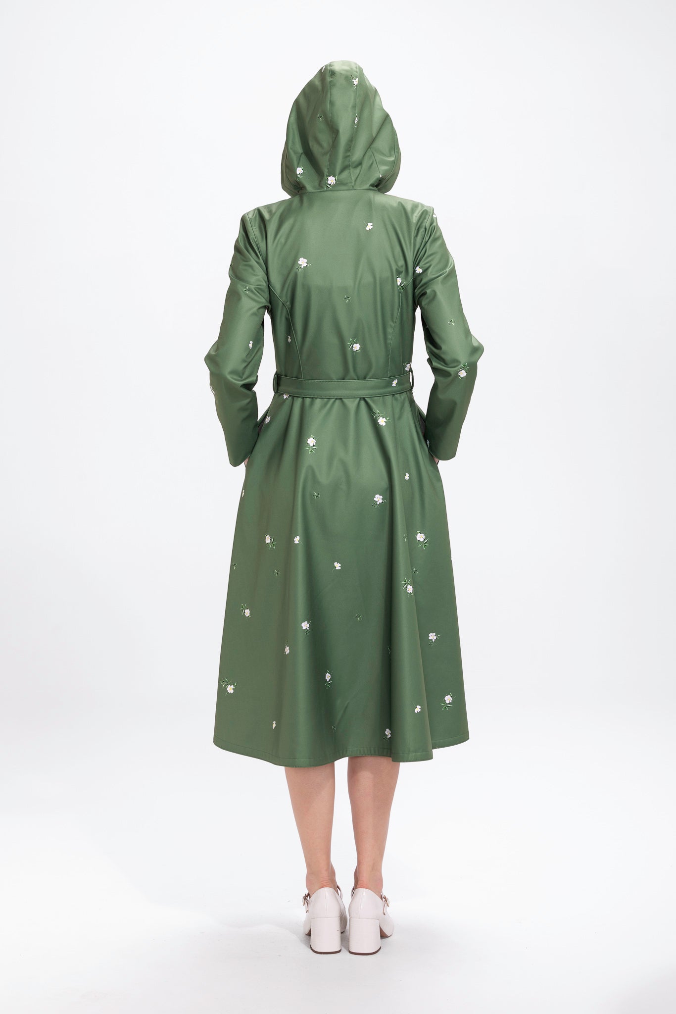 Double Breasted Trench Coat in Green with Flower Print | Primrose in Bloom