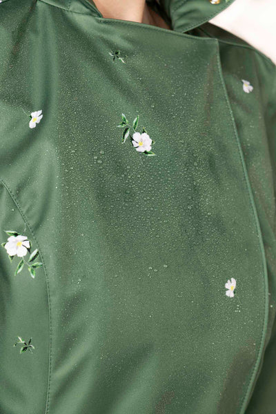 Double Breasted Trench Coat in Green with Flower Print | Primrose in Bloom