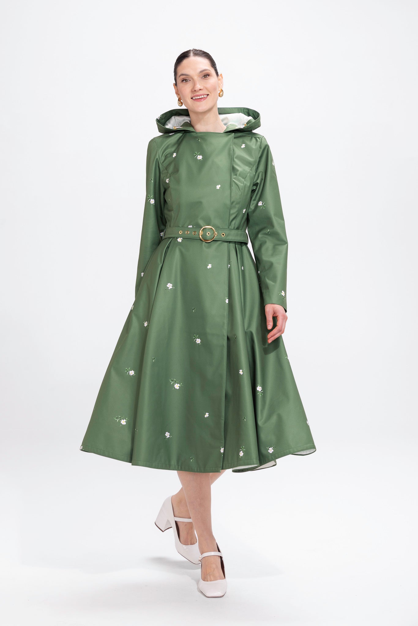 Double Breasted Trench Coat in Green with Flower Print | Primrose in Bloom