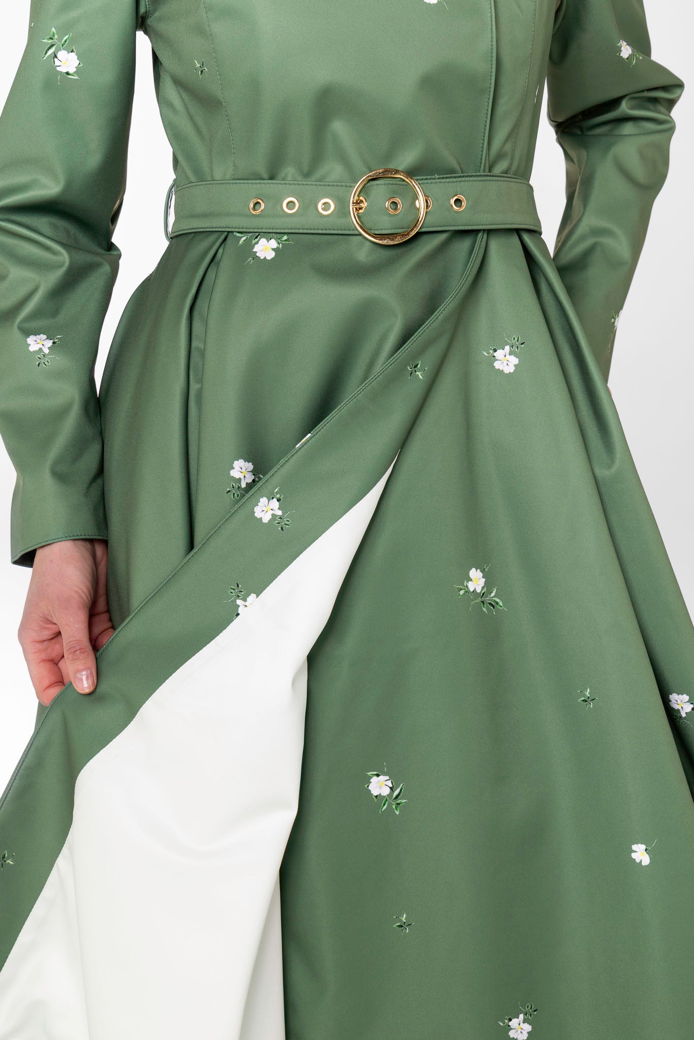 fall green formal dress Double Breasted Trench Coat in Green with Flower Print