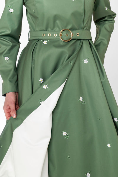 Double Breasted Trench Coat in Green with Flower Print | Primrose in Bloom