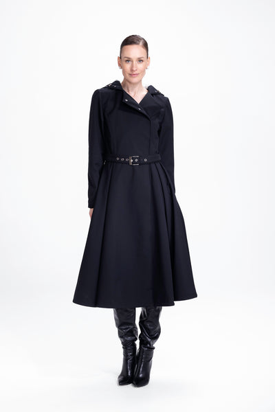 Queen of Spades solid black double-breasted women's trench coat, front view