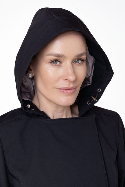 Close-up of hood detail on Queen of Spades black women's waterproof trench coat