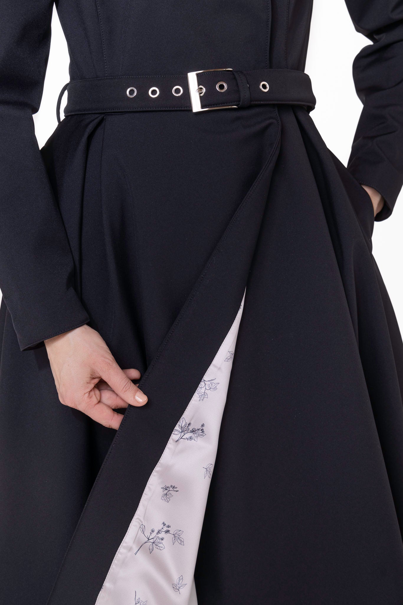 Italian satin lining with black leaf and berry print inside Queen of Spades women's coat