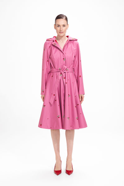 Raspberry Sorbet pink floral water-resistant women's fit and flare coat with full circle skirt, front view
