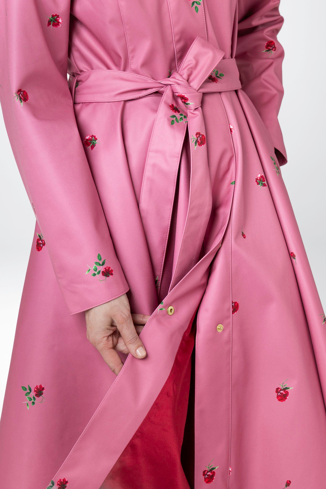Rich red Italian satin lining inside Raspberry Sorbet women's water-resistant coat