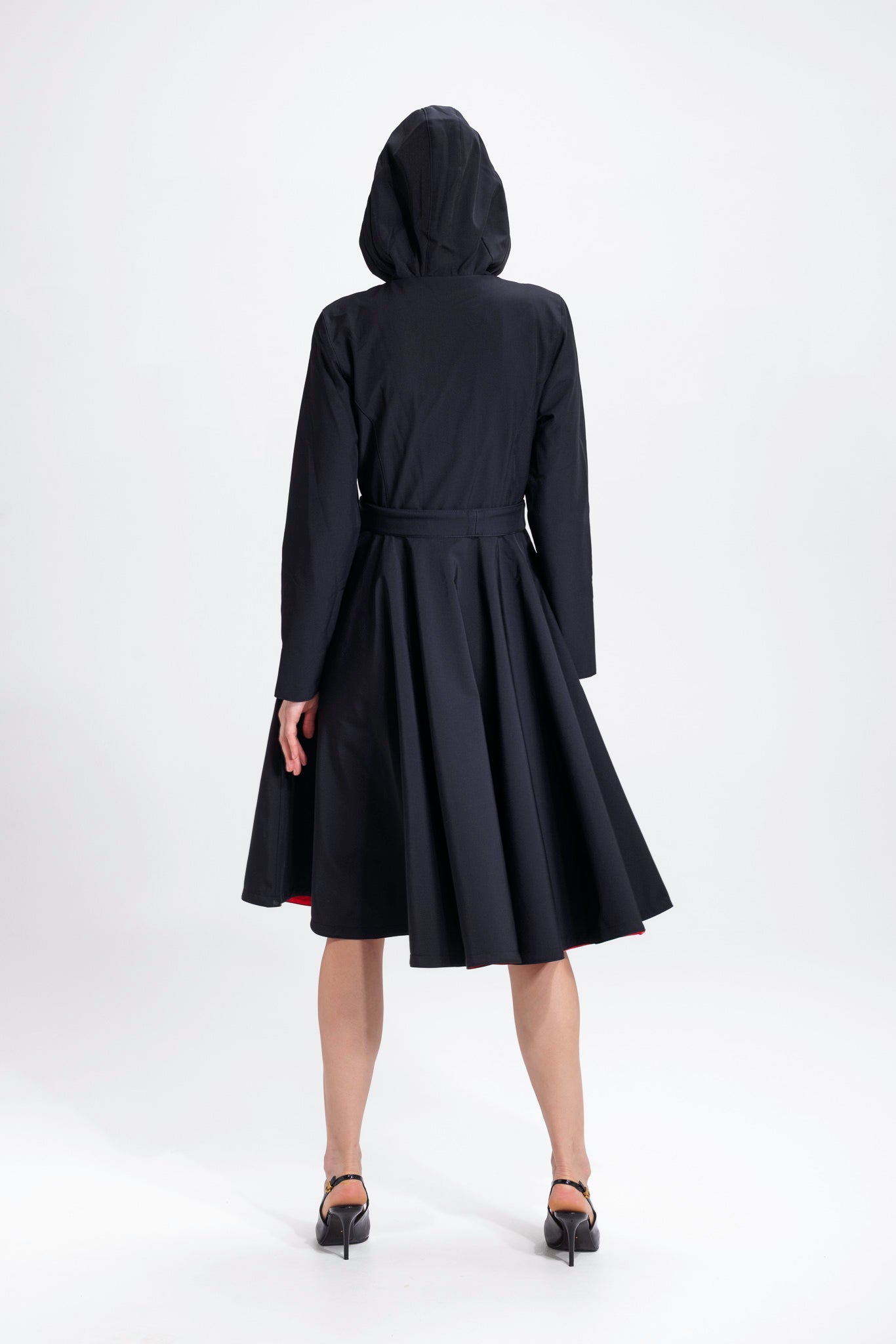 Fit and Flare Coat with Full Circle skirt in Black and Red | Raven Red