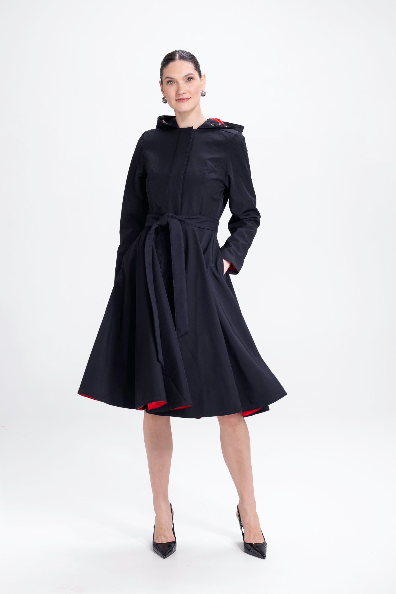 Fit and Flare Coat with Full Circle skirt in Black and Red | Raven Red