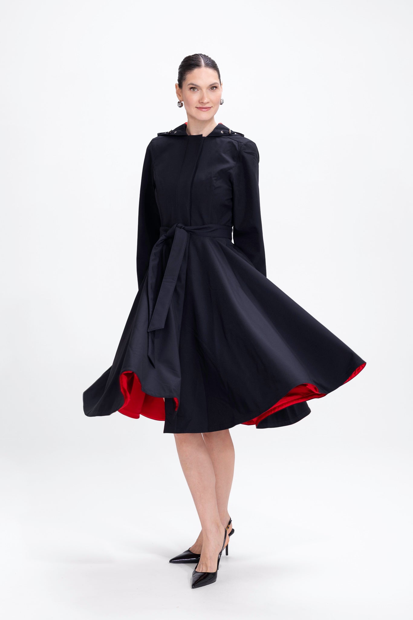 Fit and Flare Coat with Full Circle skirt in Black and Red | Raven Red