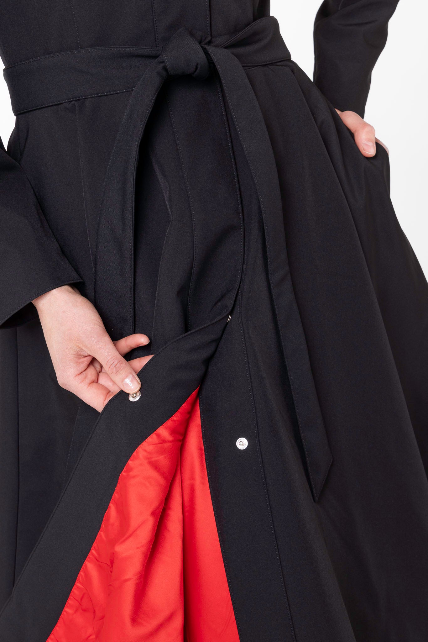 Bright red Italian satin lining inside Raven Red women's designer coat