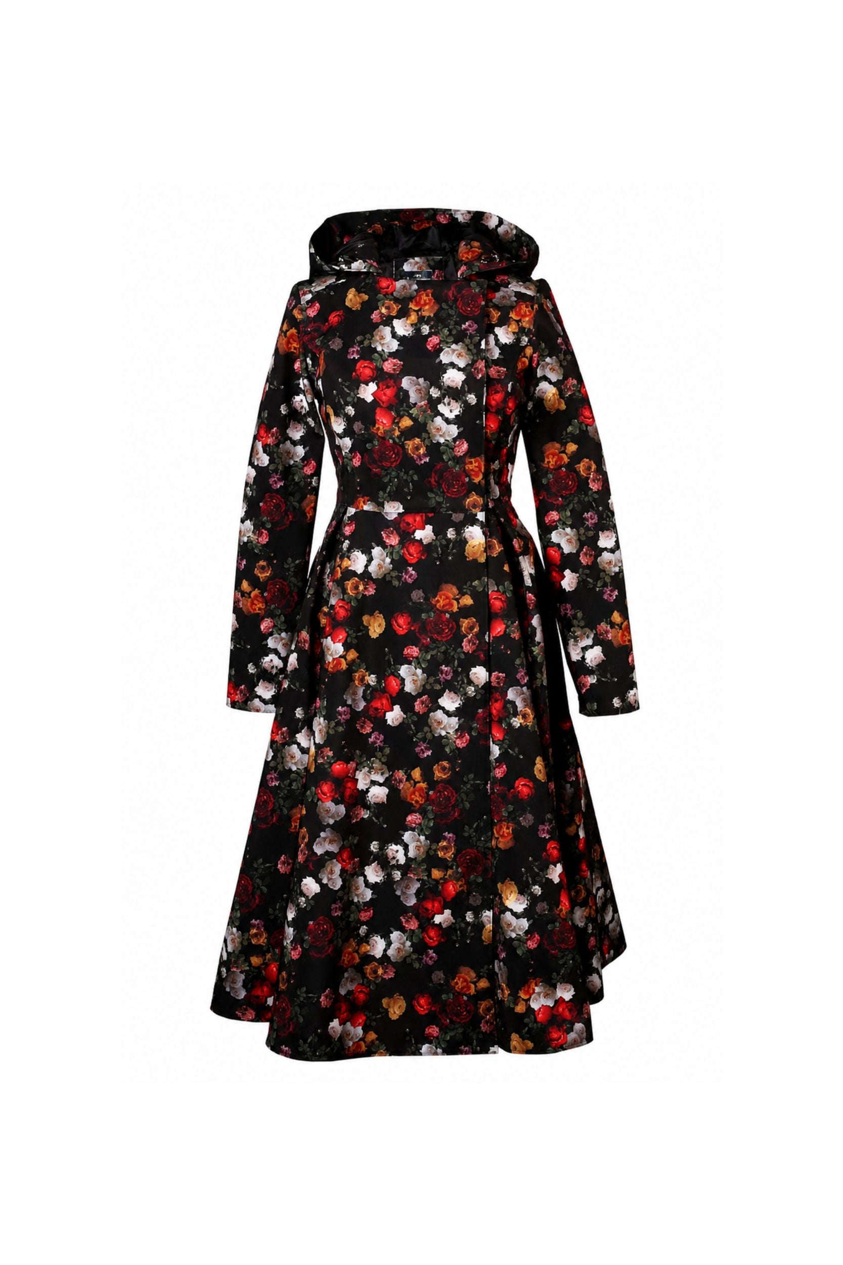 Rose Garden black floral women's fashion coat isolated on a white background