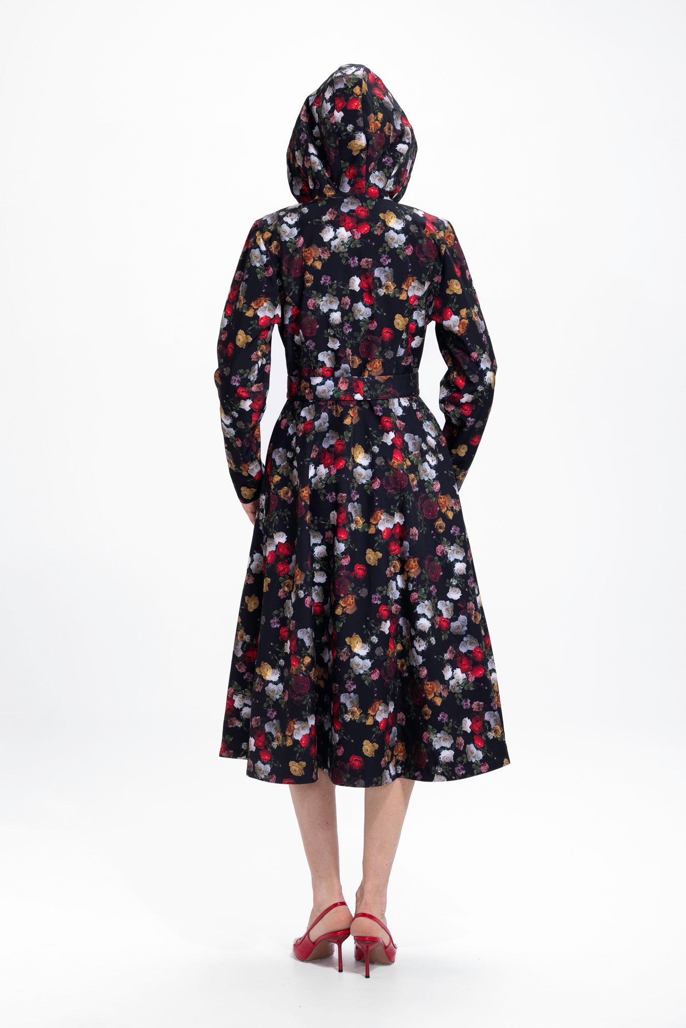 Double Breasted Trench Coat in Black and Red | Rose Garden
