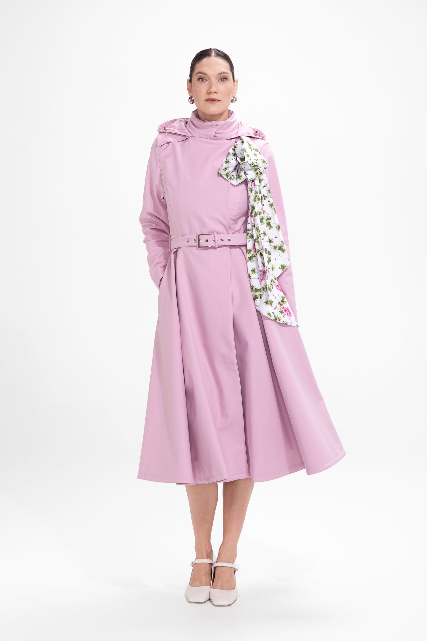 Rosie Bow soft pink double-breasted waterproof women's trench coat, front view