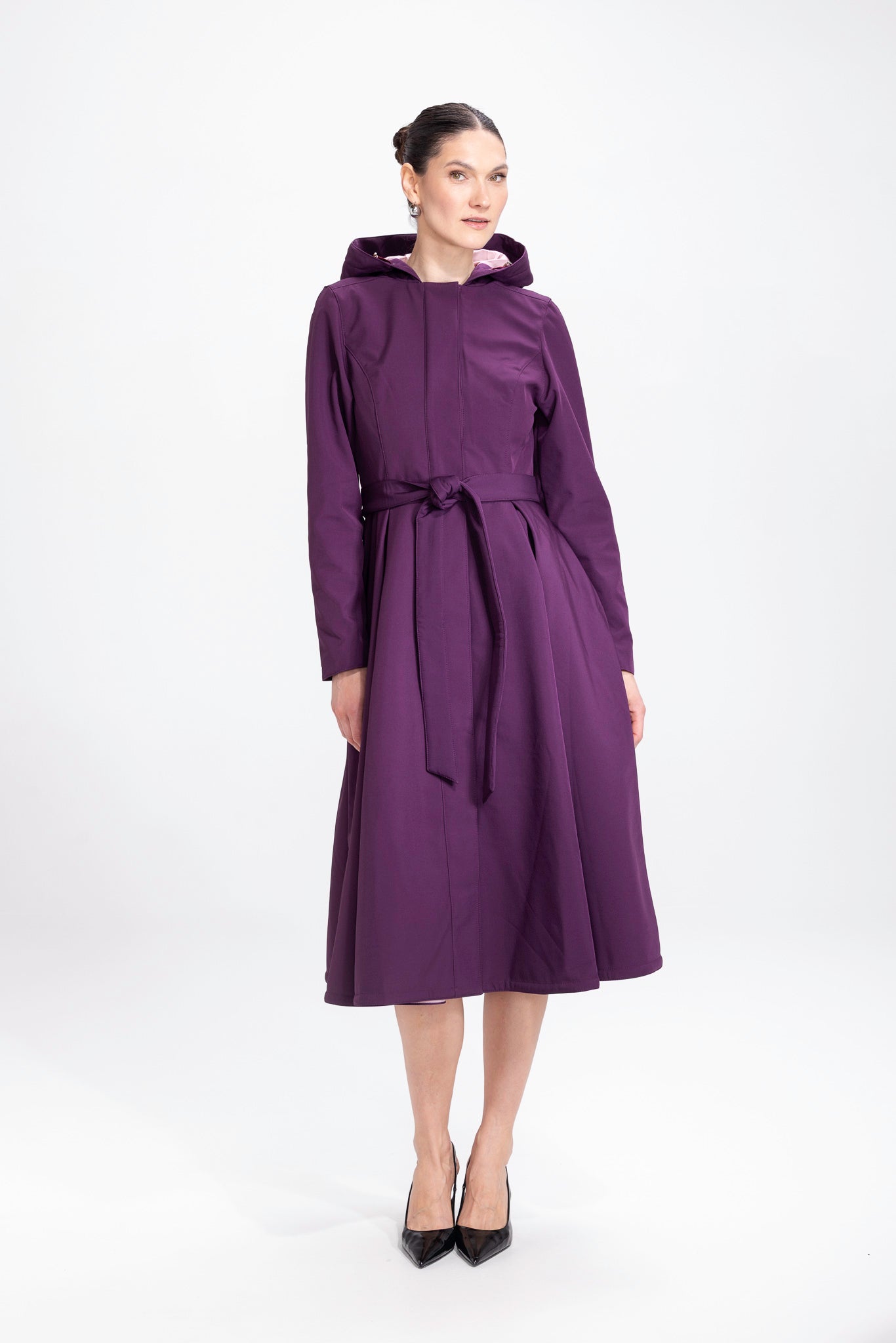 Fit and Flare Coat with Pleated Skirts in Dark Purple | Ruby Purple