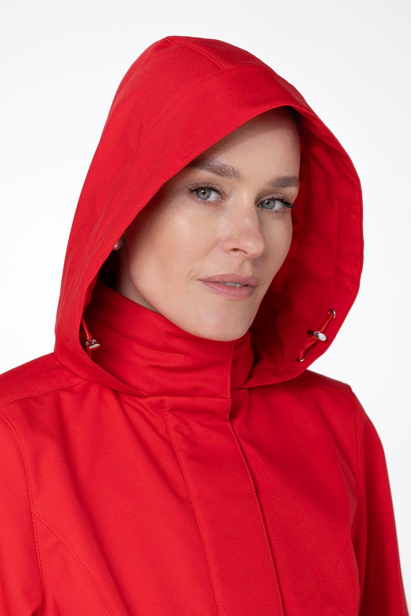 Close-up of hood detail on Scarlet Waltz red fit and flare women's coat