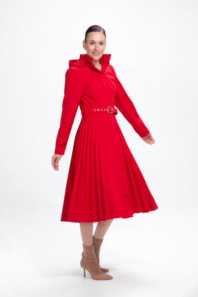 Fit and Flare Red Women's A-line Coat with Pleated Skirt | Scarlet Waltz