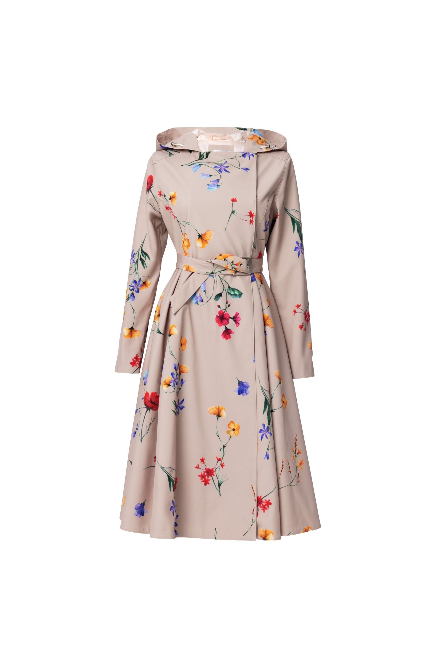 Spring Bloom beige floral women's trench coat on light background