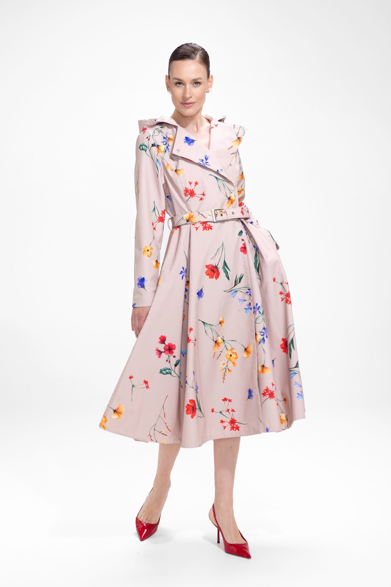 Double Breasted Trench Coat in Beige with Flower Print | Spring Bloom