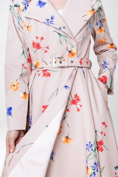 Soft pink Italian satin lining inside Spring Bloom women's floral coat