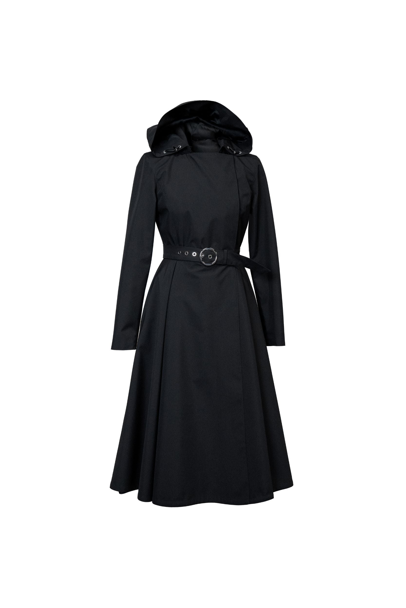 Black waterproof , lightweight coat with a belt on a white background