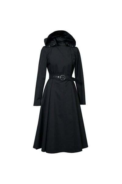 Black waterproof , lightweight coat with a belt on a white background