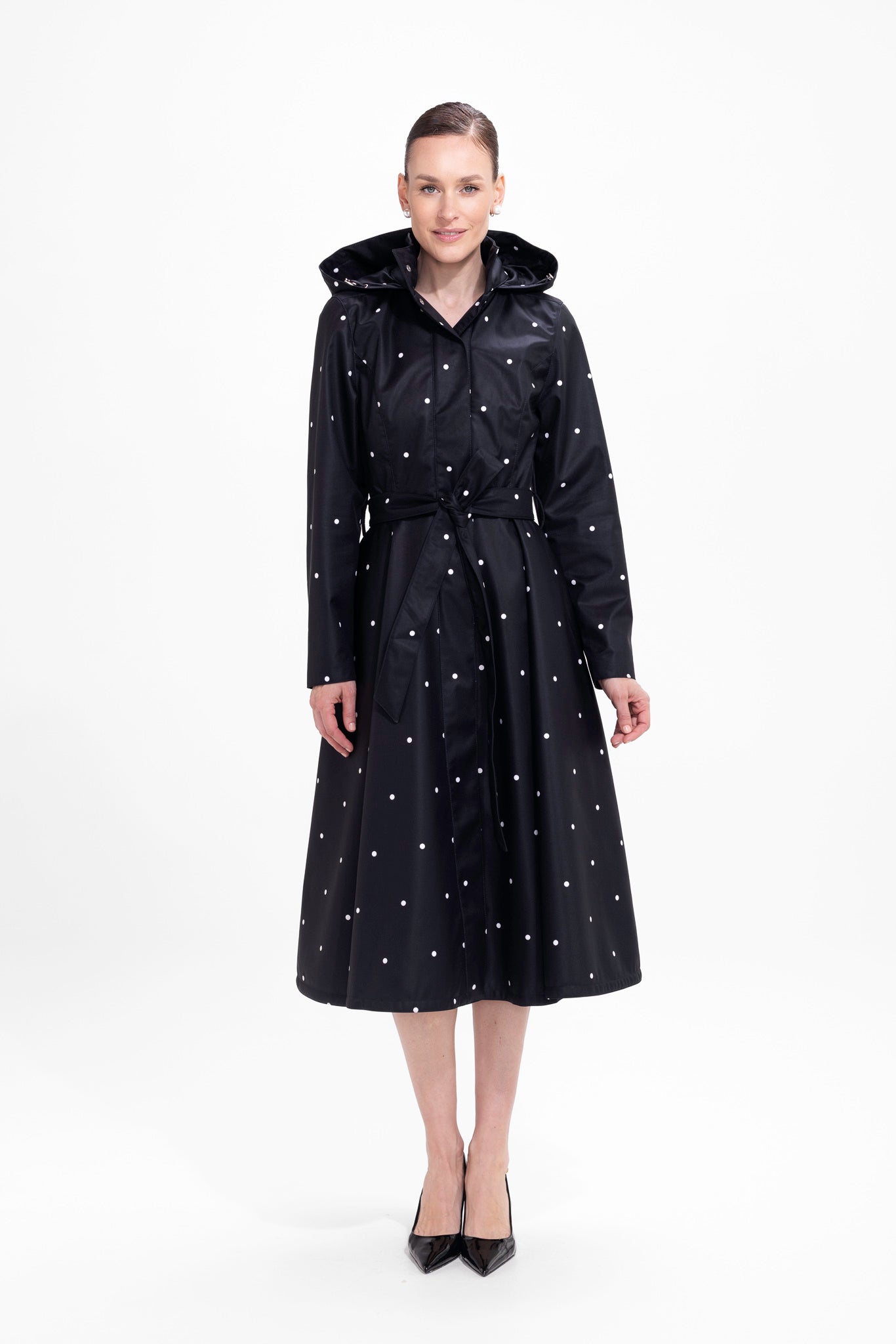 Fitted and Flared Coat with A-Line Skirt in Black and Purple