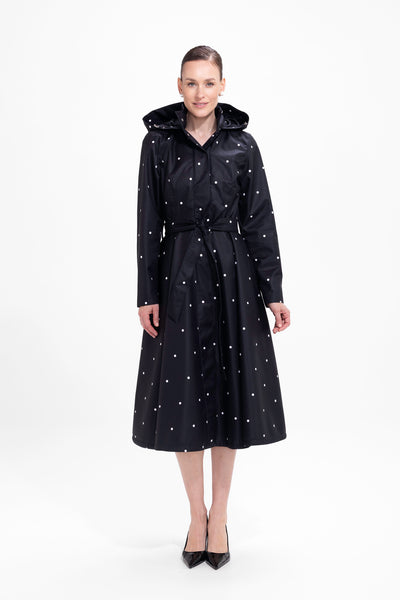 Timeless Polka Dots black fit and flare women's coat with white polka dot print, front view