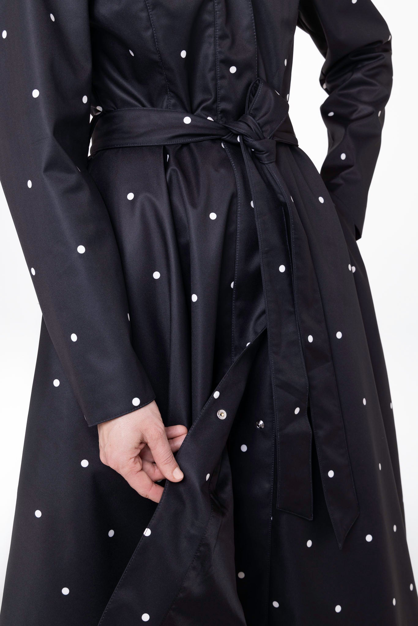 Smooth black Italian satin lining inside Timeless Polka Dots women's coat
