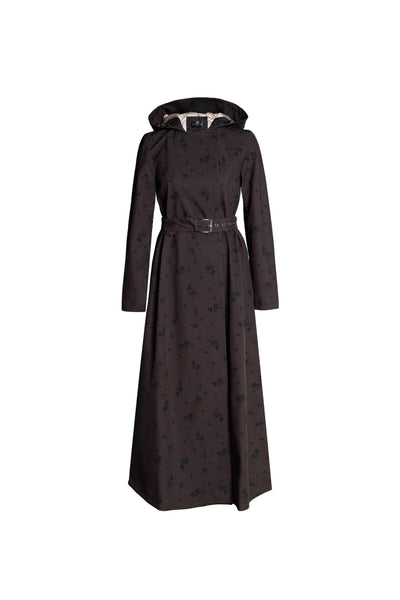 Long dark brown coat with a belt on a white background